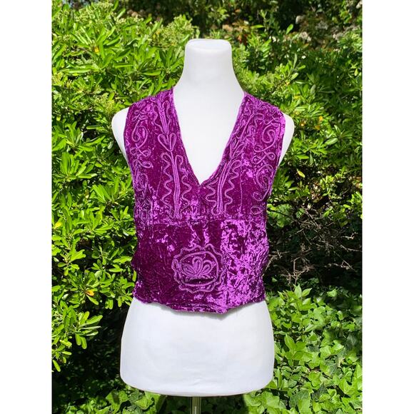 90s Crushed Velvet Festival Top Purple Boho Hippie Embroidery Tie Back Coachella - Picture 2 of 9